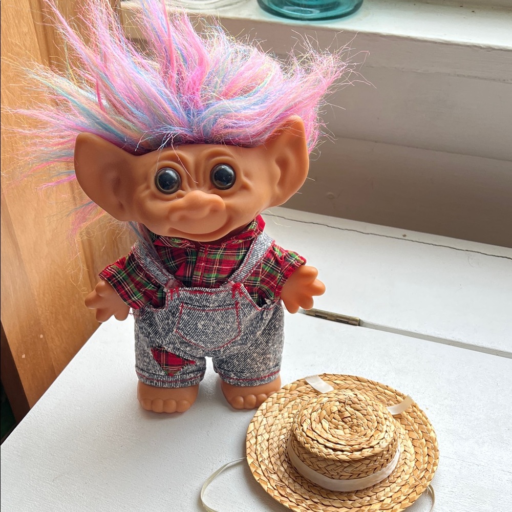 Troll Doll Uneeda Wishnik doll with Plaid Shirt and Straw Hat Vintage